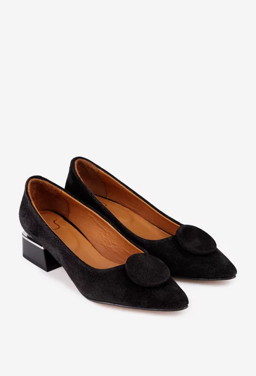 Pantofi dama din piele intoarsa neagra cu ornament
