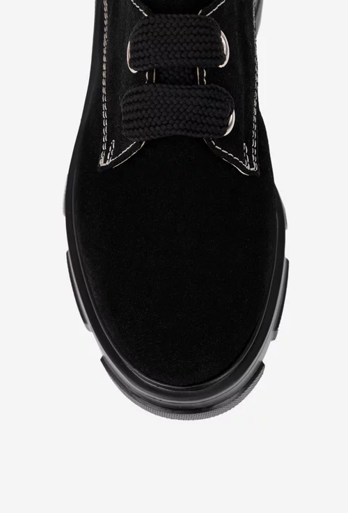 Pantofi dama din piele intoarsa neagra cu siret