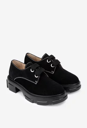Pantofi dama din piele intoarsa neagra cu siret