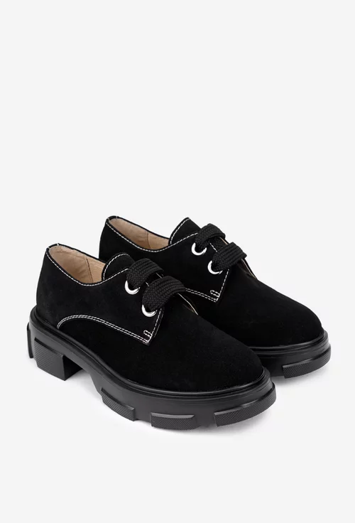 Pantofi dama din piele intoarsa neagra cu siret