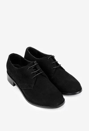Pantofi dama din piele intoarsa neagra cu siret si toc mic