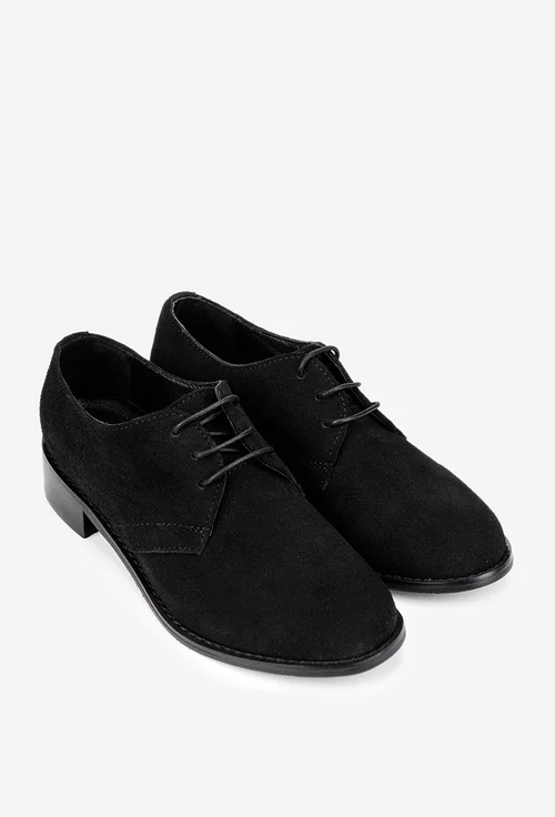 Pantofi dama din piele intoarsa neagra cu siret si toc mic