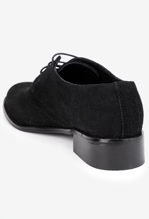 Pantofi dama din piele intoarsa neagra cu siret si toc mic