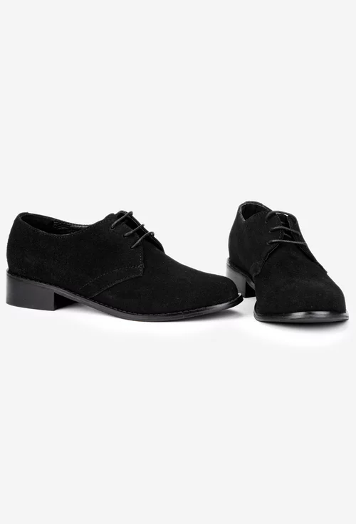 Pantofi dama din piele intoarsa neagra cu siret si toc mic