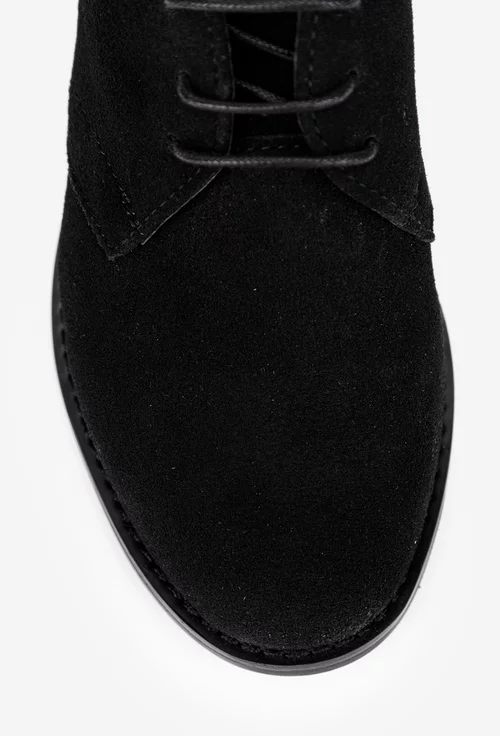 Pantofi dama din piele intoarsa neagra cu siret si toc mic