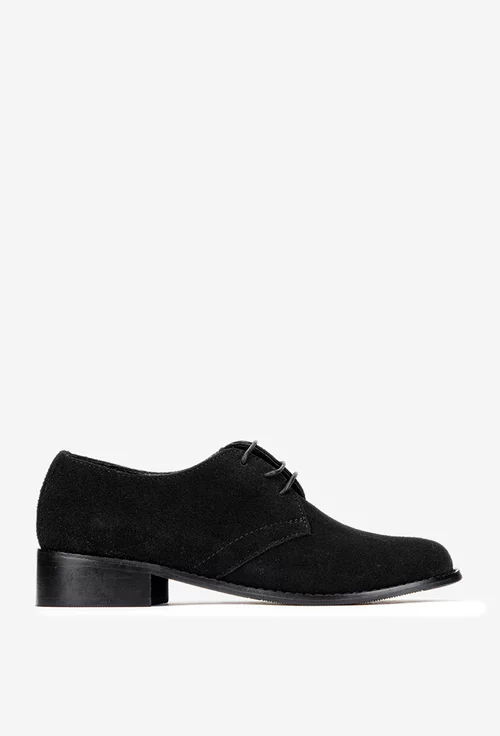 Pantofi dama din piele intoarsa neagra cu siret si toc mic