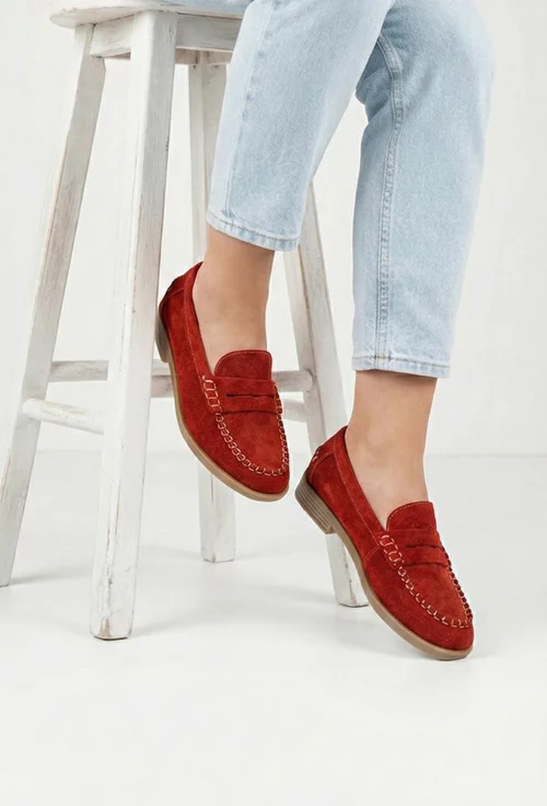 Pantofi dama din piele intoarsa rosie
