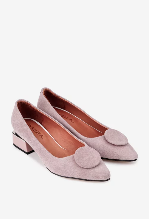 Pantofi dama din piele intoarsa roz pudra cu ornament