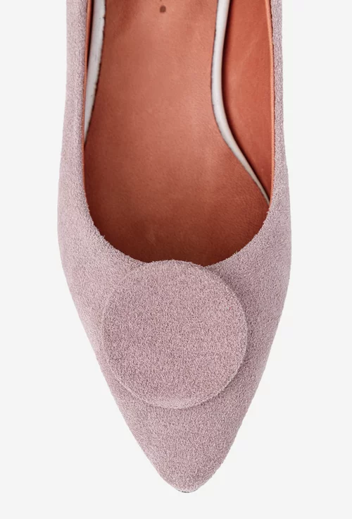 Pantofi dama din piele intoarsa roz pudra cu ornament