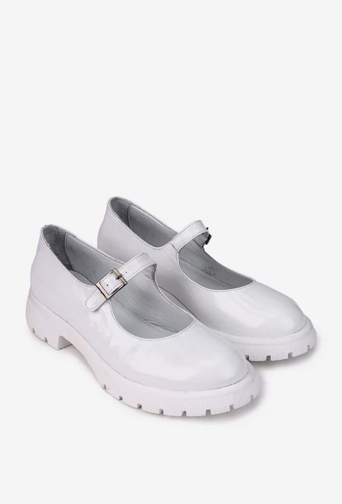 Pantofi dama din piele lacuita alba cu bareta