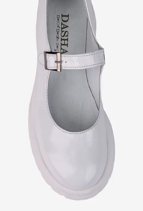 Pantofi dama din piele lacuita alba cu bareta