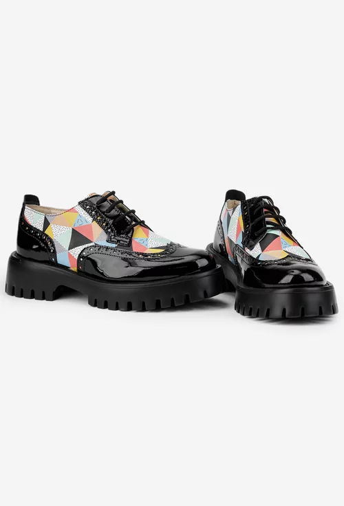 Pantofi dama din piele lacuita neagra cu detalii colorate