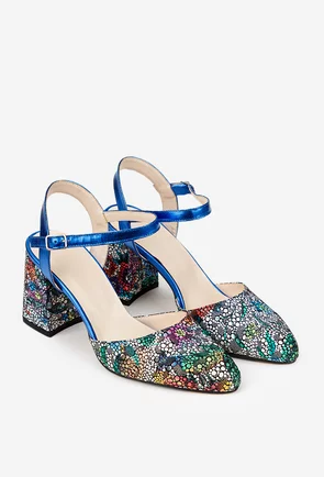 Pantofi dama din piele multicolora cu barete albastre