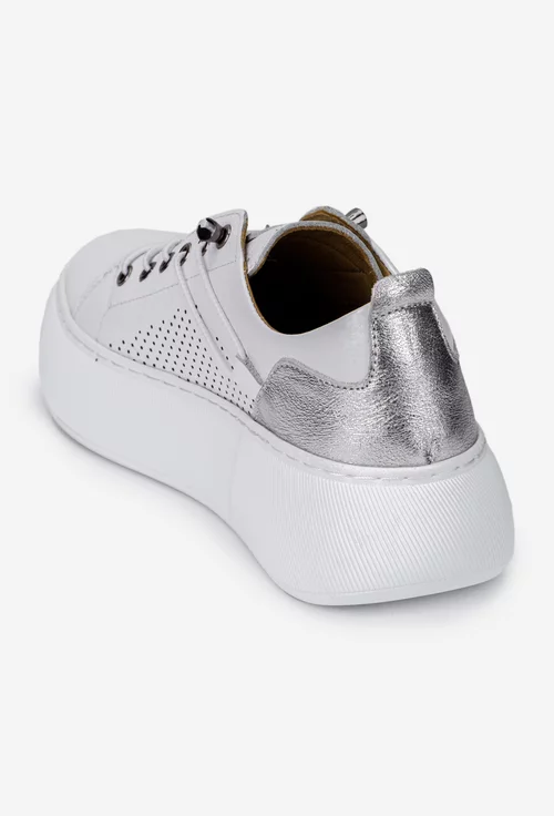 Pantofi dama din piele naturala alba cu detalii argintii