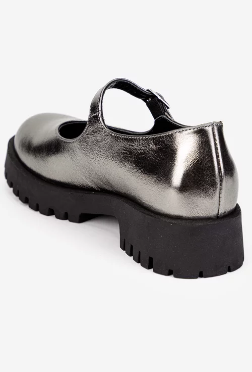 Pantofi dama din piele naturala argintie cu bareta