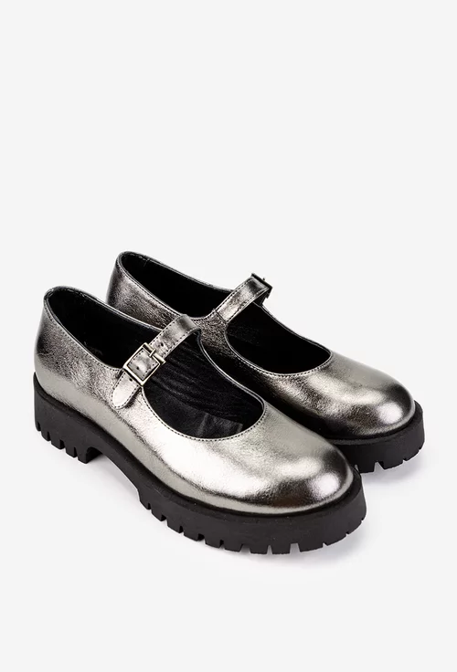 Pantofi dama din piele naturala argintie cu bareta