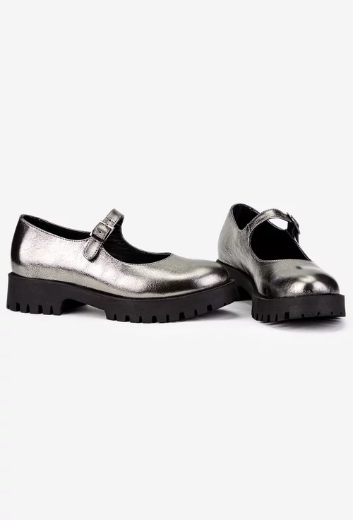 Pantofi dama din piele naturala argintie cu bareta