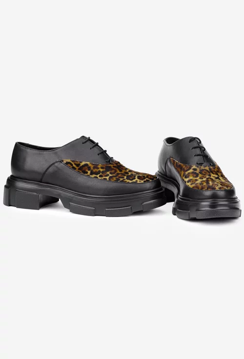 Pantofi dama din piele naturala neagra cu animal print