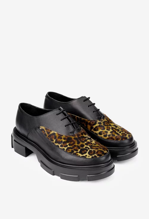 Pantofi dama din piele naturala neagra cu animal print