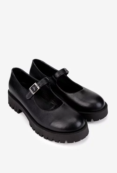 Pantofi dama din piele naturala neagra cu bareta