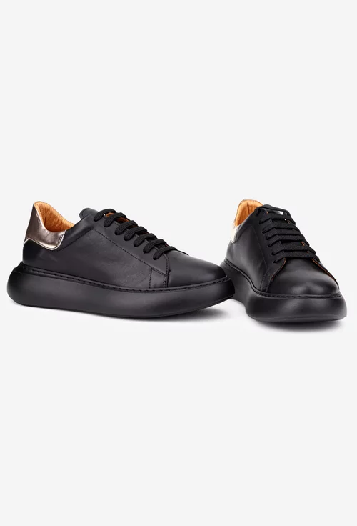 Pantofi dama din piele naturala neagra cu detaliu auriu