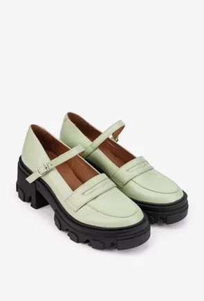 Pantofi dama din piele naturala verde cu bareta