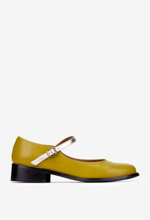 Pantofi dama din piele naturala verde cu bareta aurie