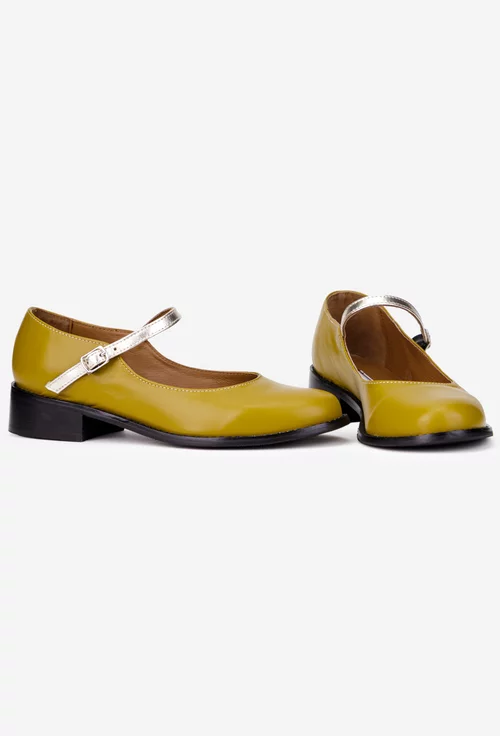 Pantofi dama din piele naturala verde cu bareta aurie