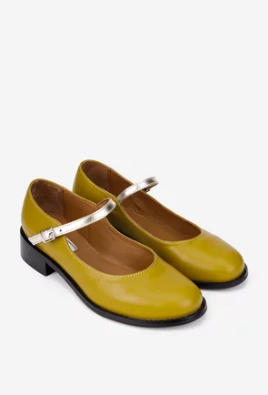 Pantofi dama din piele naturala verde cu bareta aurie