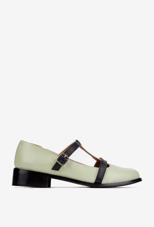 Pantofi dama din piele naturala verde cu barete negre