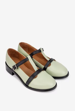 Pantofi dama din piele naturala verde cu barete negre