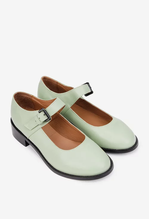 Pantofi dama din piele naturala verde deschis cu bareta