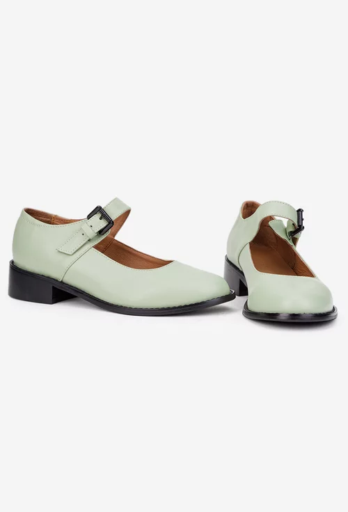 Pantofi dama din piele naturala verde deschis cu bareta