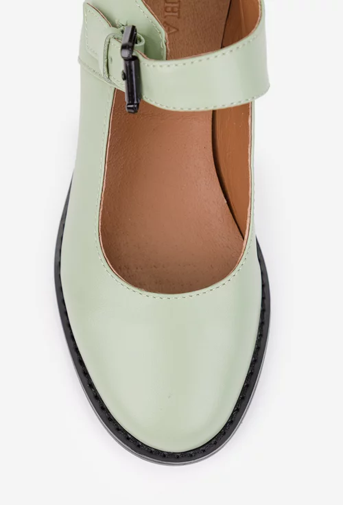 Pantofi dama din piele naturala verde deschis cu bareta