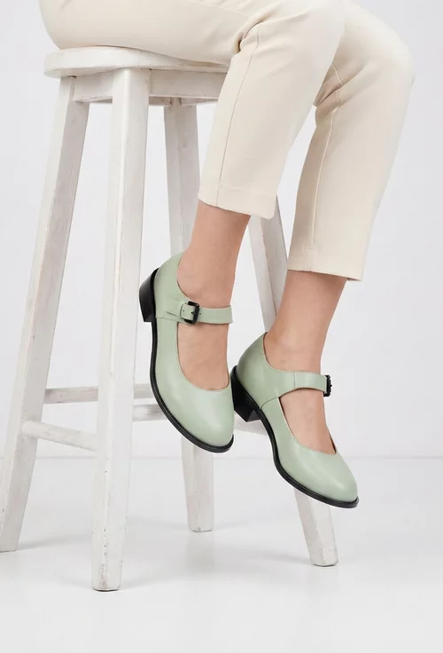 Pantofi dama din piele naturala verde deschis cu bareta