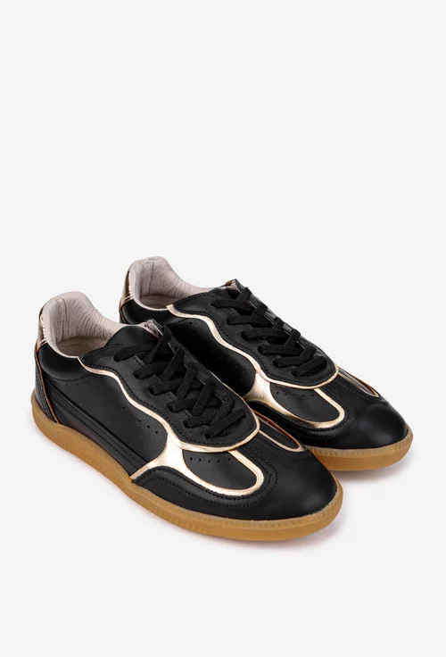 Pantofi dama din piele neagra cu detalii aurii