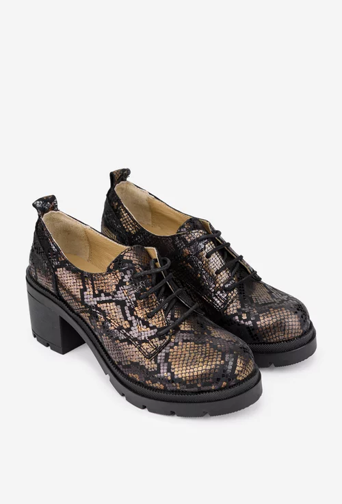 Pantofi dama din piele neagra cu model auriu