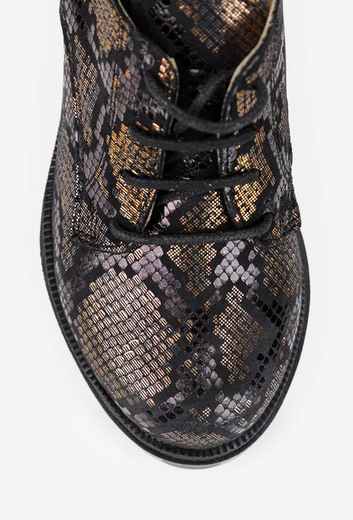 Pantofi dama din piele neagra cu model auriu