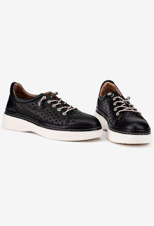 Pantofi dama din piele neagra cu siret elastic si perforatii