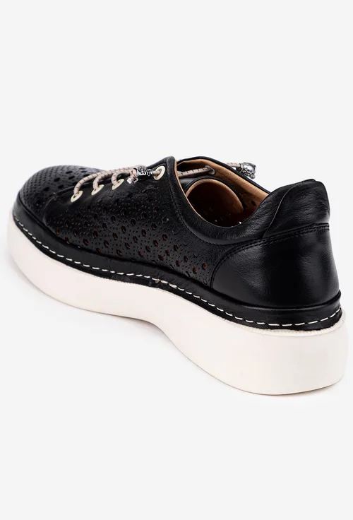 Pantofi dama din piele neagra cu siret elastic si perforatii