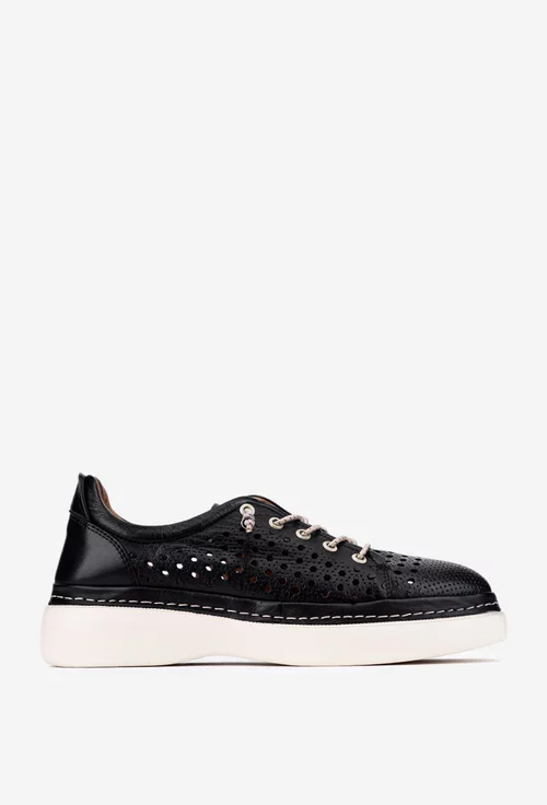 Pantofi dama din piele neagra cu siret elastic si perforatii