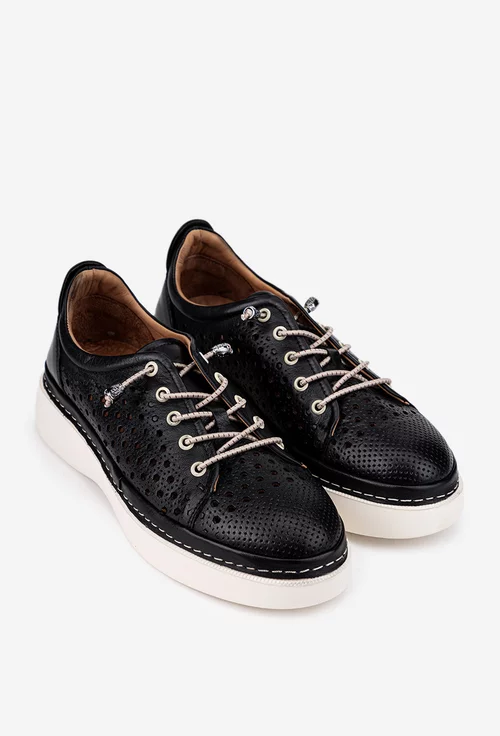Pantofi dama din piele neagra cu siret elastic si perforatii