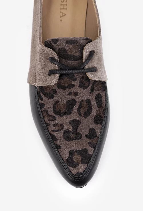 Pantofi dama din piele taupe cu neagru si imprimeu animal print