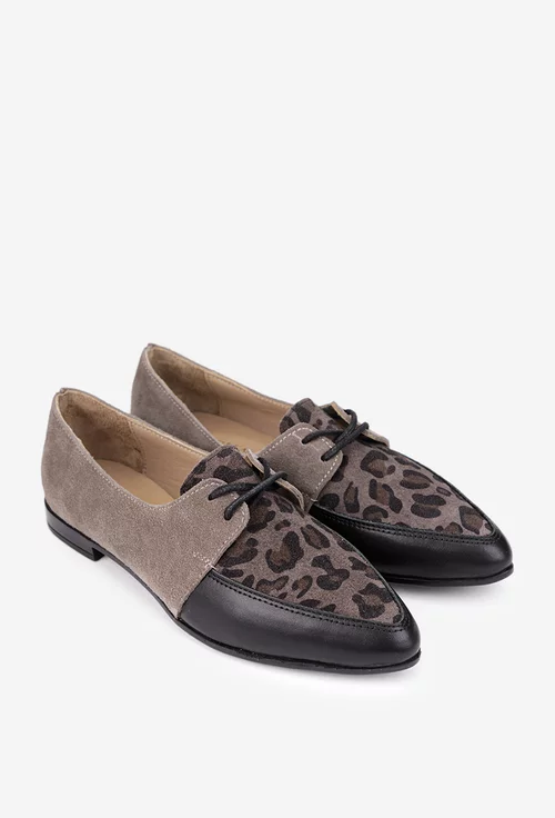 Pantofi dama din piele taupe cu neagru si imprimeu animal print