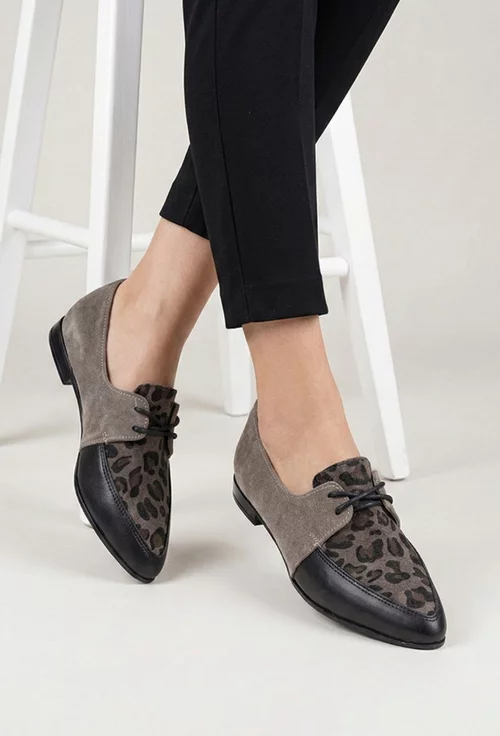Pantofi dama din piele taupe cu neagru si imprimeu animal print