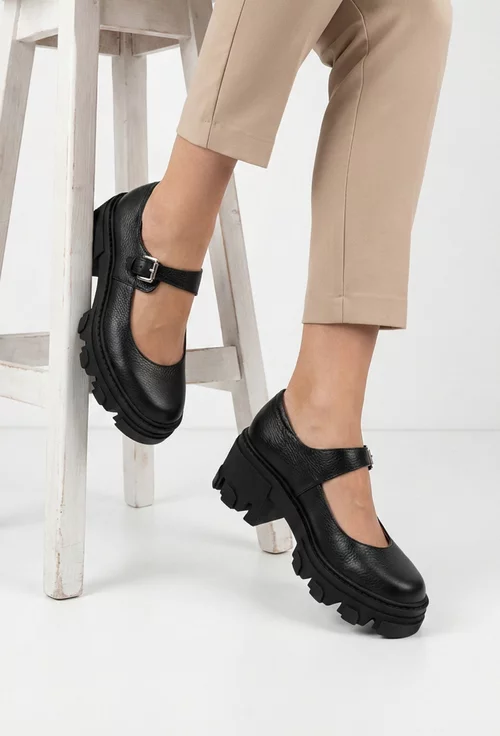 Pantofi dama din piele texturata neagra