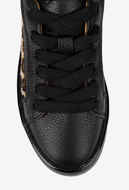 Pantofi dama din piele texturata neagra cu imprimeu