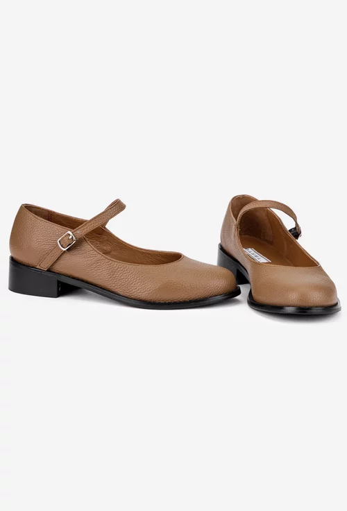 Pantofi dama din piele texturata taupe cu bareta si toc mic