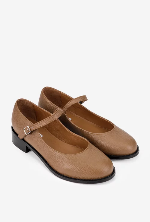 Pantofi dama din piele texturata taupe cu bareta si toc mic
