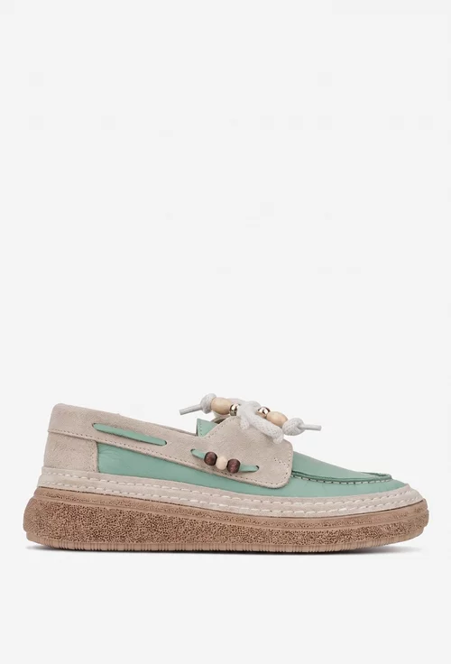 Pantofi dama din piele verde cu bej